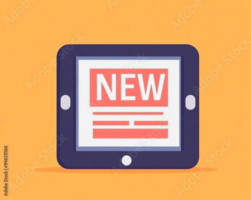 Flat illustration of a tablet with the word 'NEW' on the screen.