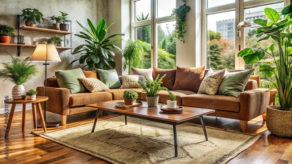 Fototapeta premium Cozy living room scene featuring a stylish coffee table surrounded by plush couch, vintage rug, and lush green plants in warm, natural lighting.