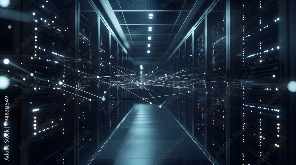 Blockchain server room with AI data connections visualized as glowing lines Blockchain server room with AI data connections visualized as glowing lines
