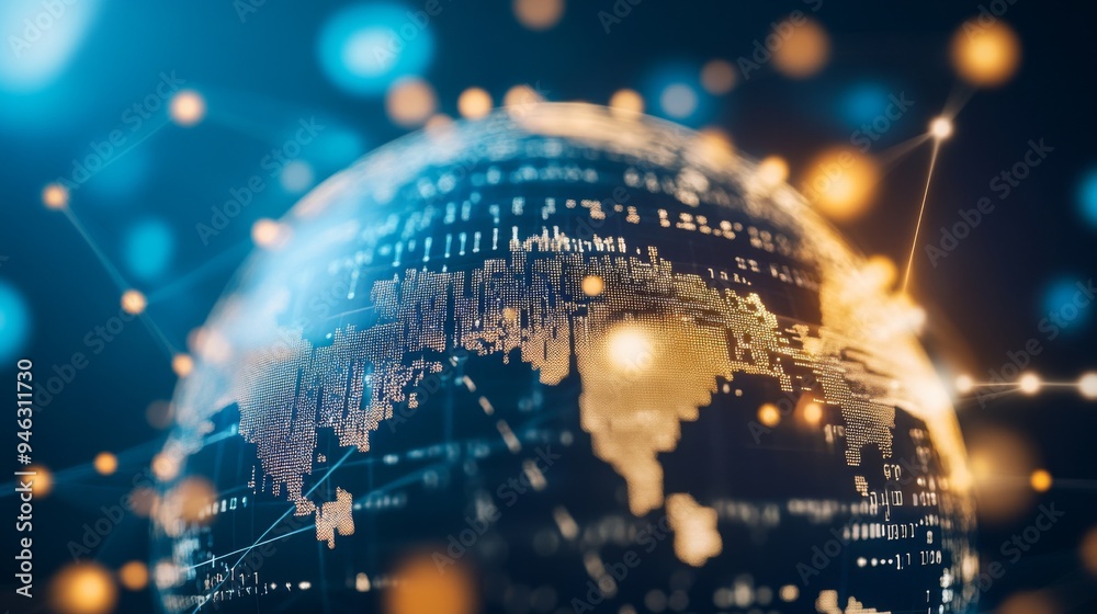 A globe with interconnected digital lines and network nodes ...