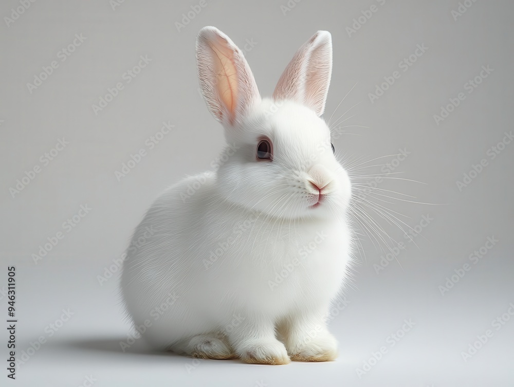 fluffy white rabbit with alert ears and pink nose sitting on seamless white background studio lighting emphasizing fur texture fluffy white rabbit with alert ears and pink nose sitting on seamless white background studio lighting emphasizing fur texture