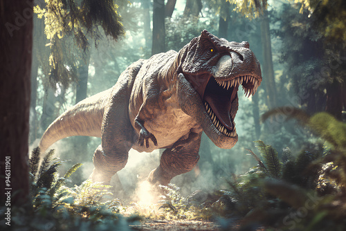 Fototapeta Naklejka Na Ścianę i Meble -  A T rex dinosaur rips through a prehistoric forest