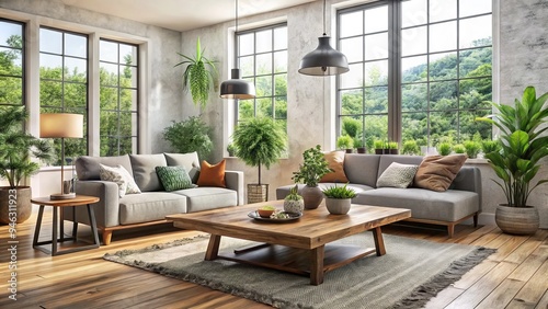 Cozy modern living room with distressed wood table, surrounded by minimalist decor, potted plants, and large windows framing a serene outdoor landscape.