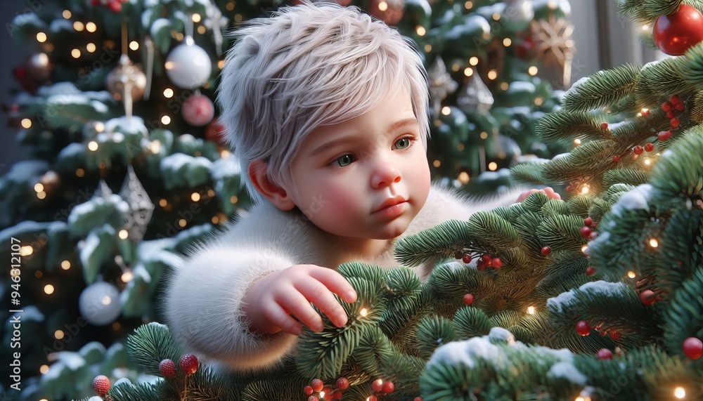 The delightful scene captures a baby exploring a Christmas tree adorned with sparkling ornaments and warm lights, Christmas atmosphere The delightful scene captures a baby exploring a Christmas tree adorned with sparkling ornaments and warm lights, Christmas atmosphere