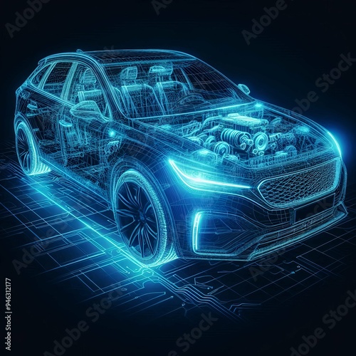 Futuristic car engine design with a glowing blue wireframe against a dark backdrop, showcasing advanced automotive technology and intricate engineering details.






