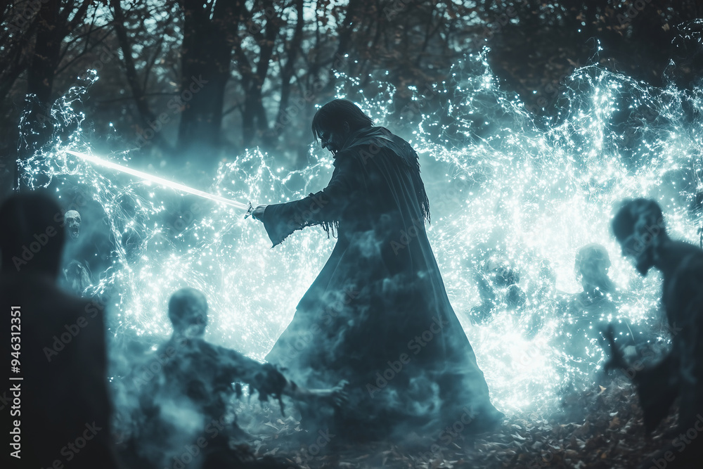 A fierce warrior confronts Draculas minions in a dark forest, wielding a gleaming sword amidst swirling embers by moonlight A fierce warrior confronts Draculas minions in a dark forest, wielding a gleaming sword amidst swirling embers by moonlight