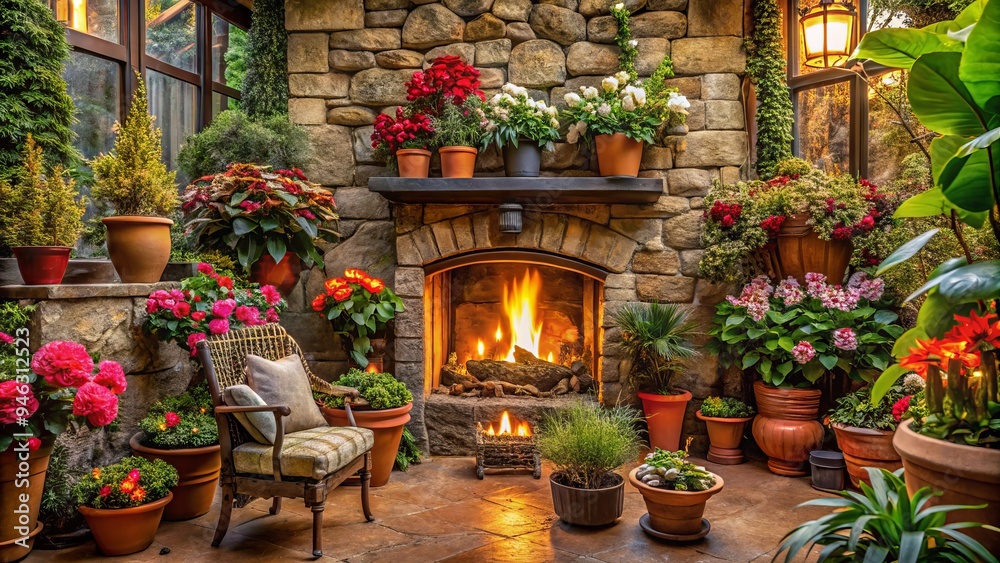 Fototapeta premium Cozy winter scene featuring a crackling stone fireplace surrounded by vibrant potted flowers and lush greenery, warm lighting casting a comforting ambiance.
