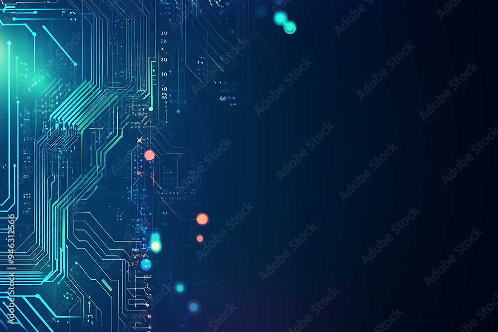 Abstract representation of a circuit board with glowing neon lines and geometric patterns against a dark background. The image evokes a high-tech, futuristic feel with ample copy space Abstract representation of a circuit board with glowing neon lines and geometric patterns against a dark background. The image evokes a high-tech, futuristic feel with ample copy space