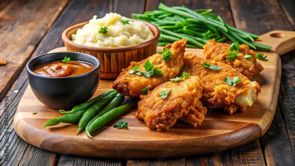 Fototapeta premium Crispy golden-brown fried chicken pieces served on a rustic wooden board with creamy mashed potatoes, steaming green beans, and a side of tangy gravy.