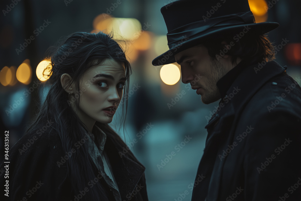 A chance encounter between Dracula and a vampire hunter unfolds in a shadowy, moonlit street at midnight A chance encounter between Dracula and a vampire hunter unfolds in a shadowy, moonlit street at midnight