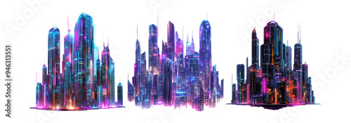 Futuristic cityscapes set isolated on transparent background, neon cities for sci-fi and design