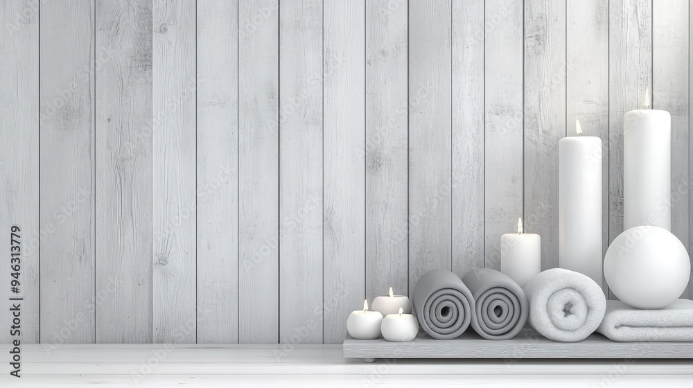 A yoga studio shelf displays rolls and blocks made of thick gray plush fabric, complemented by elegant decorative items against a softly lit concrete wall A yoga studio shelf displays rolls and blocks made of thick gray plush fabric, complemented by elegant decorative items against a softly lit concrete wall