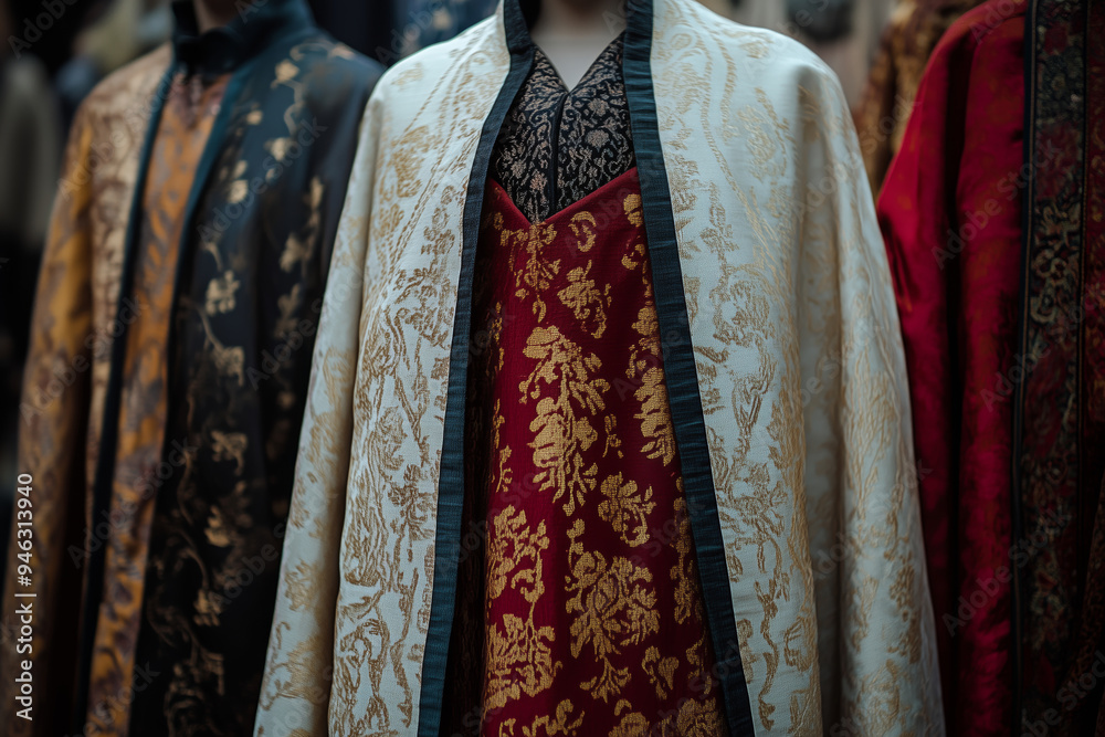 Fototapeta premium Dracula adorned in exquisite traditional attire, showcasing rich fabrics and intricate designs against a dark, atmospheric backdrop