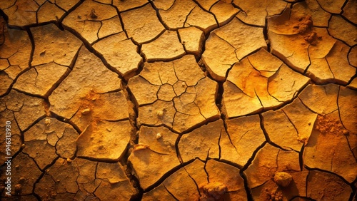 Delicate, cracked, and fragmented dry earth surface with visible fissures, symbolizing fragility and vulnerability, set against a warm, golden-brown background with subtle texture. photo