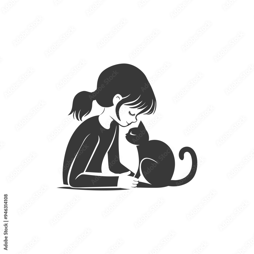 Girl with a ponytail looking down at a black cat Girl with a ponytail looking down at a black cat