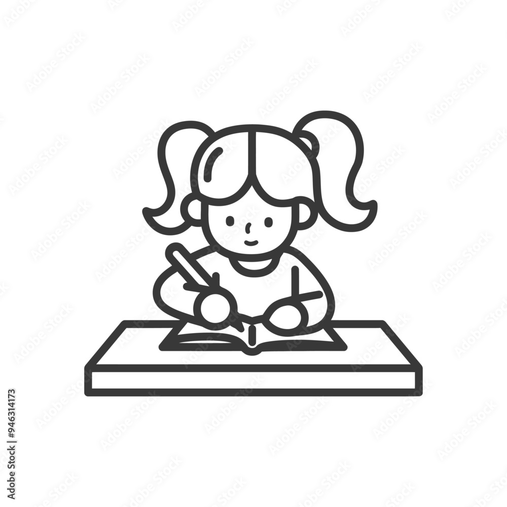 Girl with Pigtails Writing in a Notebook at a Desk Girl with Pigtails Writing in a Notebook at a Desk