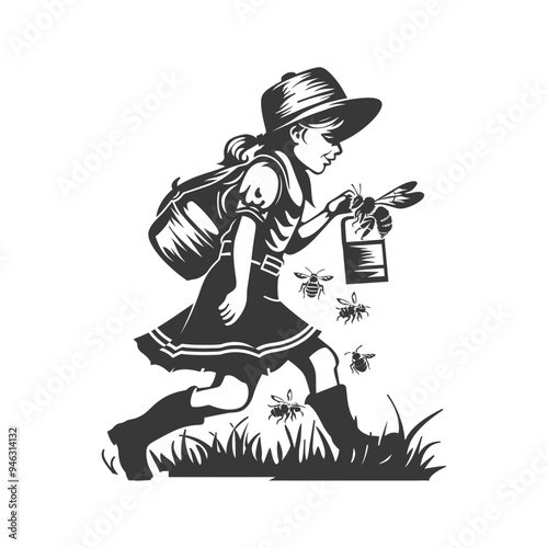 Girl with backpack and bees collecting honey