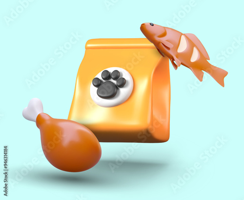 Pet food with chicken and fish. Tasty snack for cat, dog. Hearty meat dish