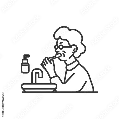 Elderly Woman Brushing Teeth in Bathroom Sink