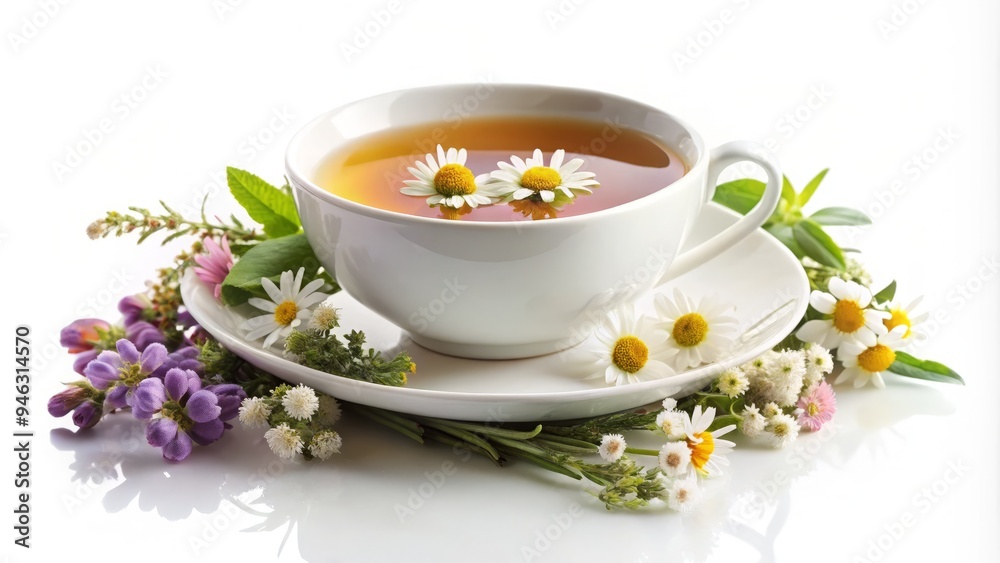 Delicate herbal tea leaves and flowers in a elegant ceramic cup on a clean white background, evoking a sense of serene relaxation and wellness. Delicate herbal tea leaves and flowers in a elegant ceramic cup on a clean white background, evoking a sense of serene relaxation and wellness.