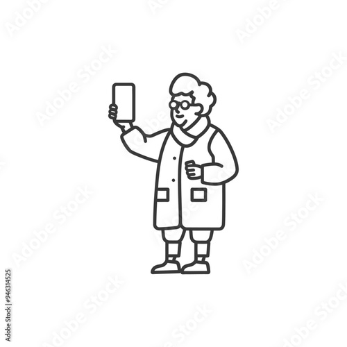 Elderly Woman in Coat Holding Up a Smartphone