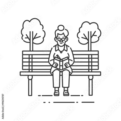 Elderly Woman Reading a Book on a Bench in a Park