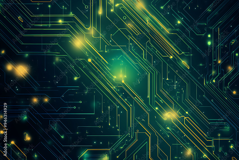 Abstract representation of a circuit board with glowing neon lines and geometric patterns against a dark background. The image evokes a high-tech, futuristic feel with ample copy space Abstract representation of a circuit board with glowing neon lines and geometric patterns against a dark background. The image evokes a high-tech, futuristic feel with ample copy space