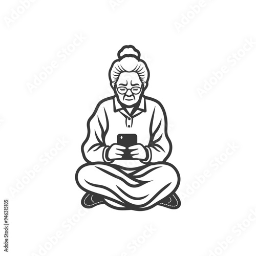 Elderly Woman Sitting Cross legged Using a Smartphone