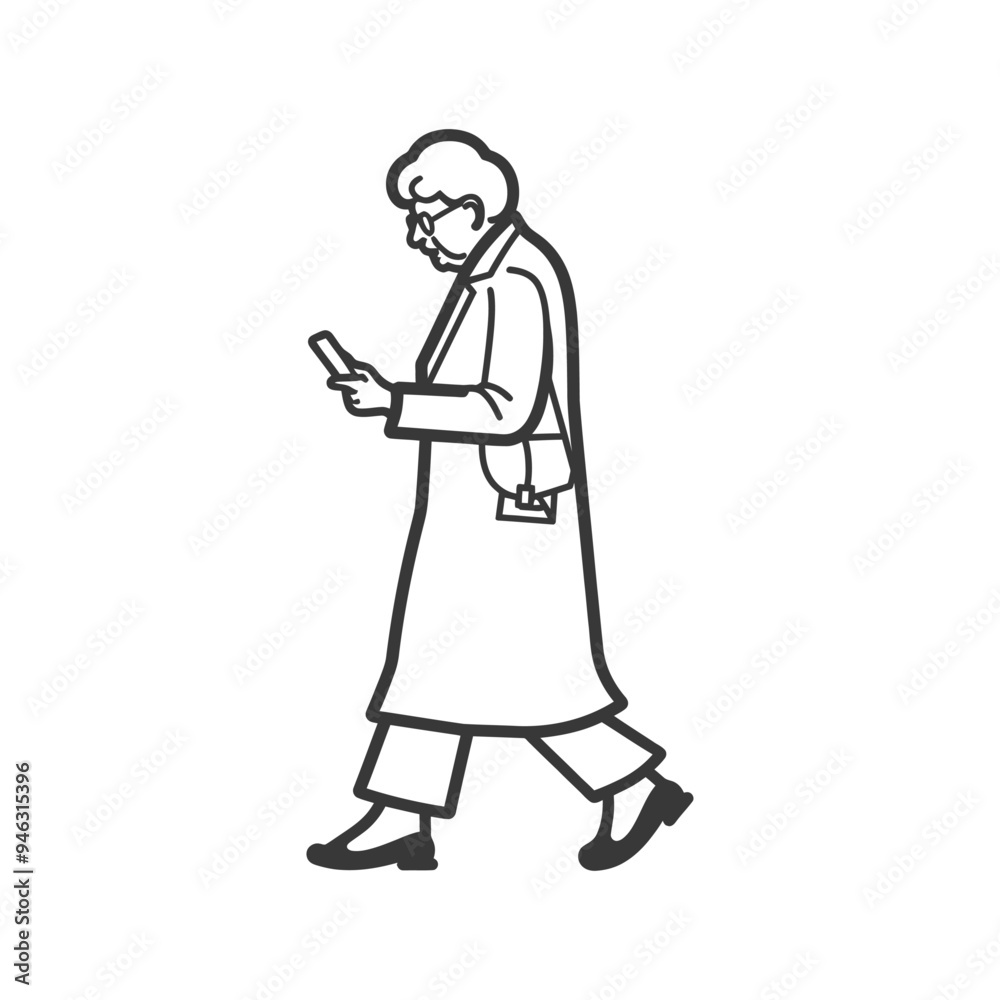 Elderly Woman Walking While Using a Smartphone Elderly Woman Walking While Using a Smartphone