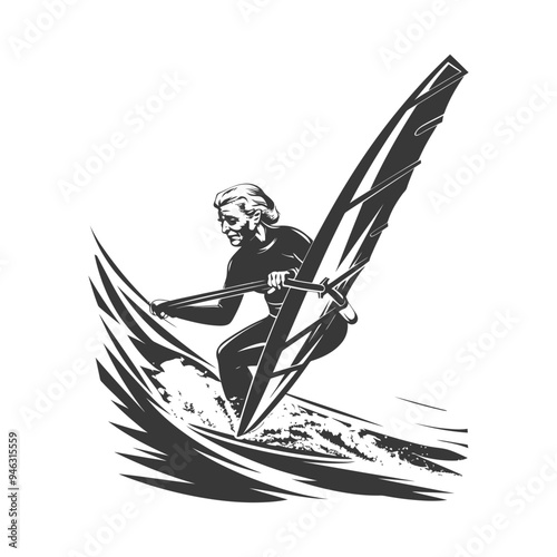 Elderly Woman Windsurfing on a Wave