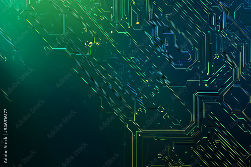 Abstract representation of a circuit board with glowing neon lines and geometric patterns against a dark background. The image evokes a high-tech, futuristic feel with ample copy space Abstract representation of a circuit board with glowing neon lines and geometric patterns against a dark background. The image evokes a high-tech, futuristic feel with ample copy space