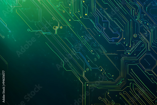  Abstract representation of a circuit board with glowing neon lines and geometric patterns against a dark background. The image evokes a high-tech, futuristic feel with ample copy space