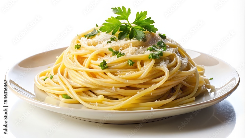 Delicious serving of plain pasta, perfectly cooked al dente, against a clean white background, garnished with a sprinkle of parmesan cheese and fresh parsley. Delicious serving of plain pasta, perfectly cooked al dente, against a clean white background, garnished with a sprinkle of parmesan cheese and fresh parsley.