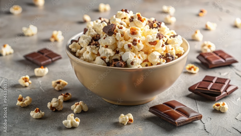 Deliciously scattered mix of crunchy popcorn kernels and rich, velvety chocolate chips against a neutral background, evoking a sense of indulgent movie night treats. Deliciously scattered mix of crunchy popcorn kernels and rich, velvety chocolate chips against a neutral background, evoking a sense of indulgent movie night treats.