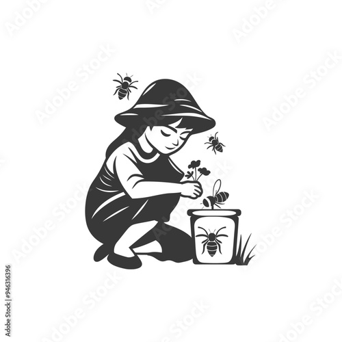 Girl collecting honey with a bucket from bees and flowers