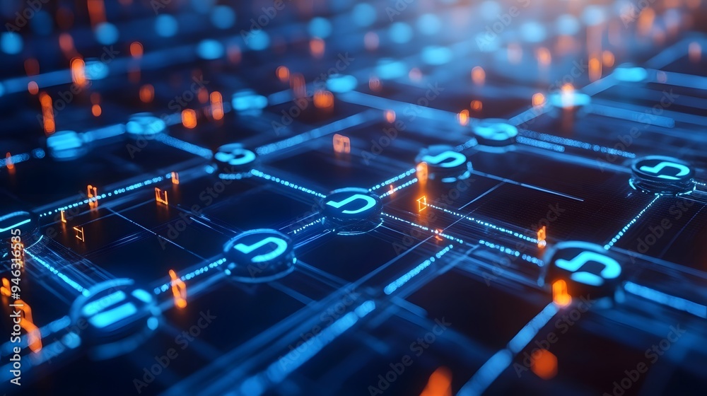 Conceptual image of AI data points connecting in a blockchain network Conceptual image of AI data points connecting in a blockchain network