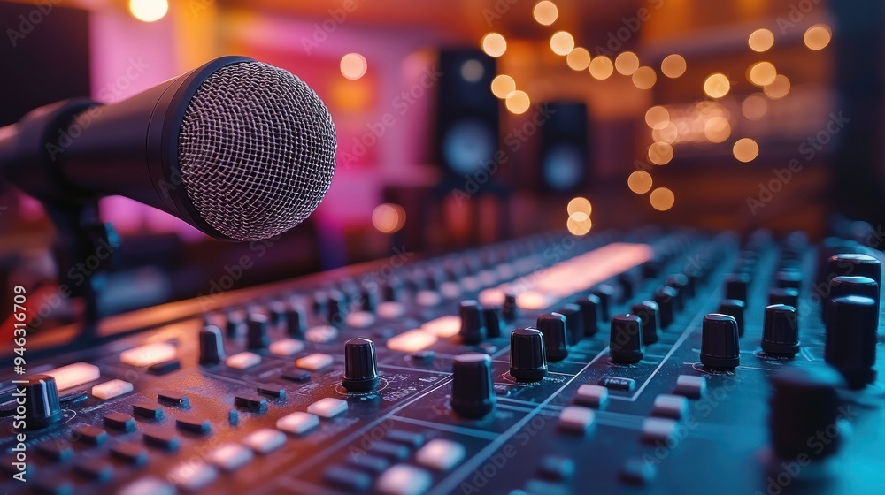 Microphone and Audio Mixer in Recording Studio Microphone and Audio Mixer in Recording Studio