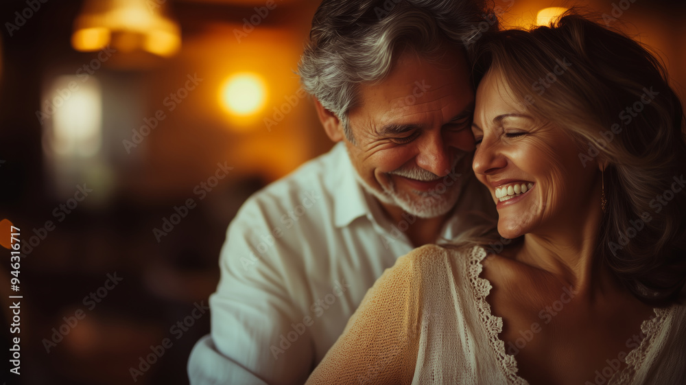 A joyful retired couple shares a romantic moment, embracing warmly in a cozy, softly lit restaurant during an intimate evening A joyful retired couple shares a romantic moment, embracing warmly in a cozy, softly lit restaurant during an intimate evening