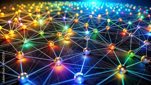 Diverse group of connected nodes form a vibrant, illuminated network, symbolizing unity, cooperation, and exchange of ideas within a dynamic, supportive community structure. photo