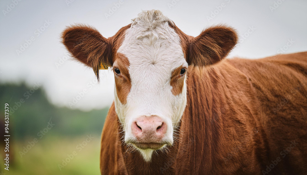 Brown and white cow standing in field, face to camera. Farm animal. Brown and white cow standing in field, face to camera. Farm animal.
