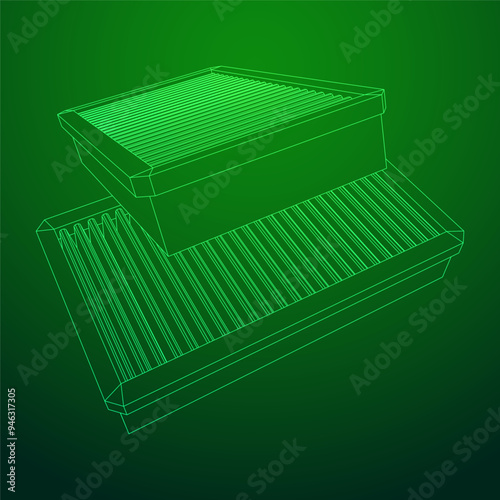 Car engine air filter. Auto spare part. Car care service maintenance. Wireframe low poly mesh vector illustration.