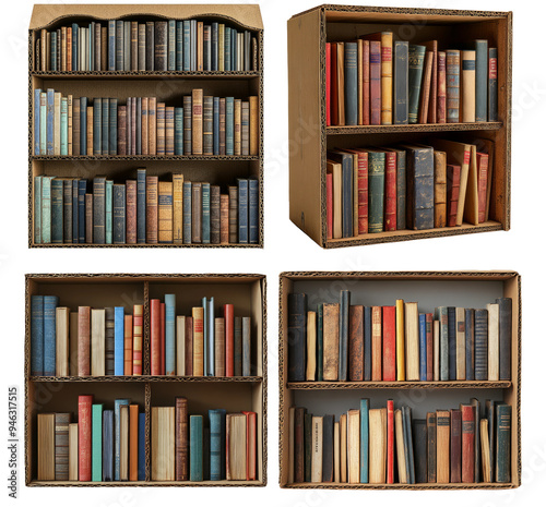 Vintage bookshelves with old books arranged neatly isolated on transparent background photo