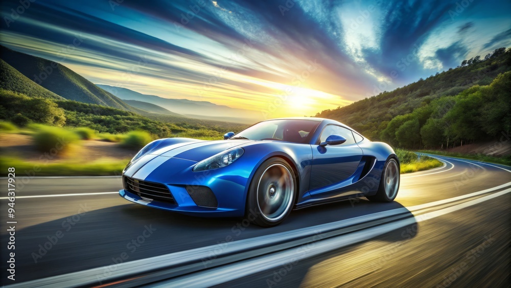 Naklejka premium Dynamic blue sports car with sleek stripes accelerates down a winding road, capturing the essence of speed and power amidst a blurred landscape background.