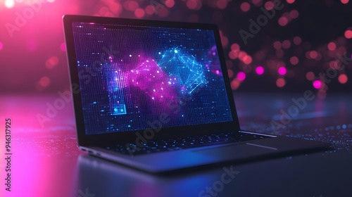 A laptop with a blockchain ledger open and AI data processing in the background