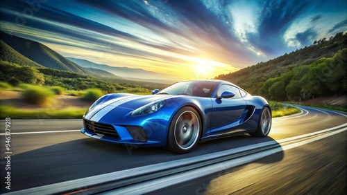 Dynamic blue sports car with sleek stripes accelerates down a winding road, capturing the essence of speed and power amidst a blurred landscape background. photo