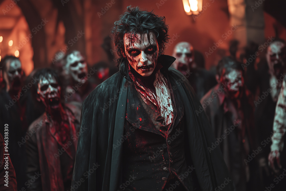 An eerie gathering of vampires in a dimly lit castle, shrouded in mist and mystery, as Dracula prepares to reclaim his dark legacy An eerie gathering of vampires in a dimly lit castle, shrouded in mist and mystery, as Dracula prepares to reclaim his dark legacy