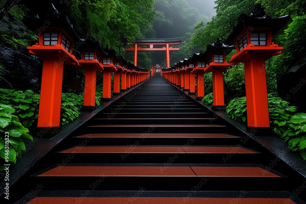 Japanese vermillion shrine gates leading into a mist-covered mountain, depicted in an artwork that combines the vibrant color with the mystique of the natural setting Japanese vermillion shrine gates leading into a mist-covered mountain, depicted in an artwork that combines the vibrant color with the mystique of the natural setting