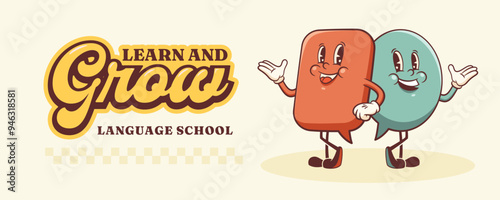 Vector Talk Language Learning Group of Characters Illustration Banner. Groovy Cartoon Speech Bubbles Conversation Chat Message Personage Poster Isolated