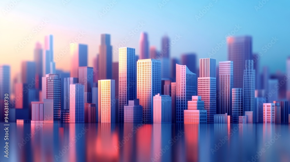 A stylized cityscape silhouette at sunrise with soft, pastel colors. The city skyline is reflected in the water below.