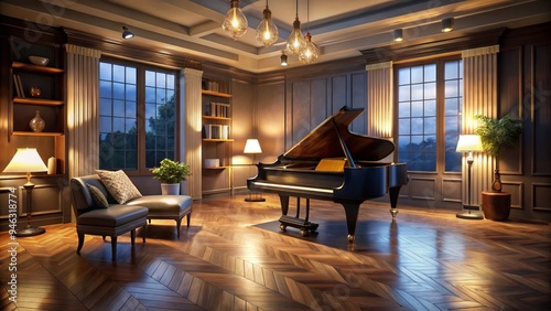 Elegant dimly lit music room with polished wooden floor, grand piano, and comfortable seating, creating a peaceful atmosphere for a private music lesson. photo